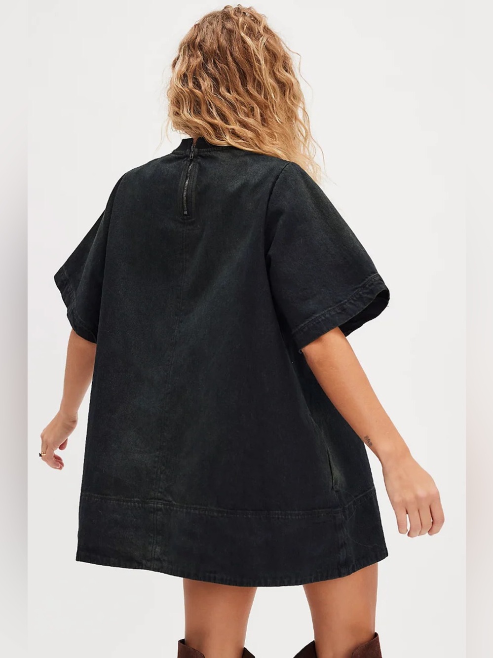 Free People Harlow Mini Dress Washed Black Oversized Denim Tee Dress Large NWOT - Picture 2 of 3